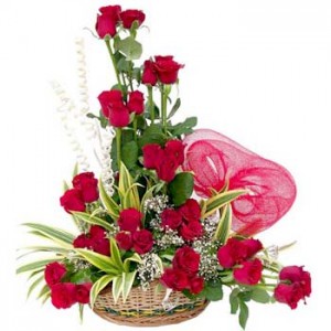 a unique arrangement of red roses